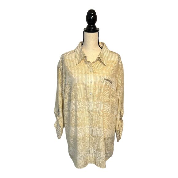 Westbound Woman Wrinkle Free Blouse 2X Yellow Cream Sheer Floral Print - Picture 2 of 6